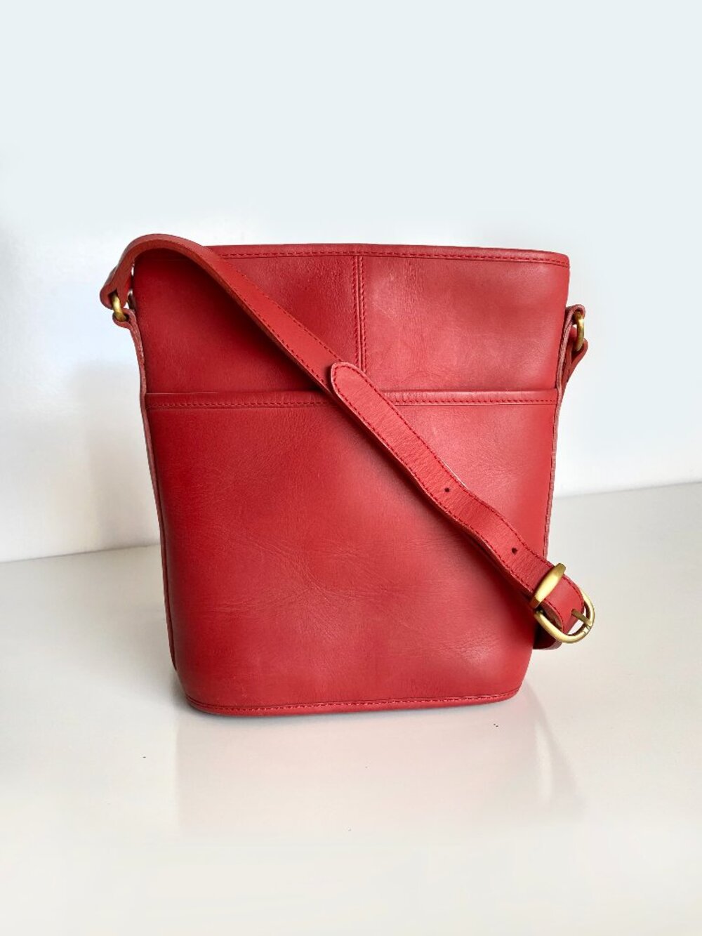 Vintage WAKO Red Leather Hobo Bucket Duffle Crossbody Bag Korea